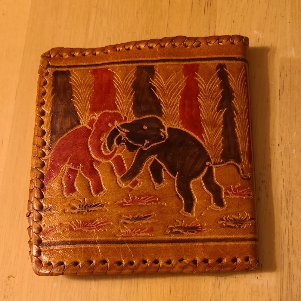 Artisan Tan Leather Wallet with Elephant Design